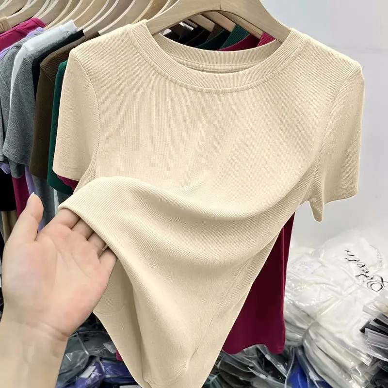 Women's Slim Fit Beige T-Shirt Round Neck 2025 - Image 8