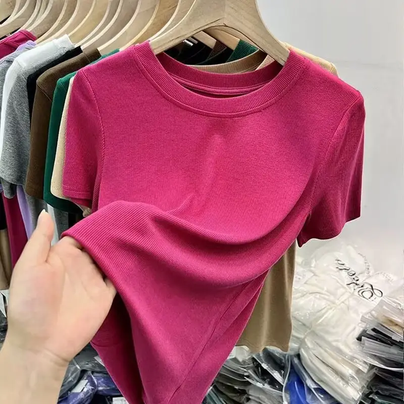 Women's Slim Fit Beige T-Shirt Round Neck 2025 - Image 10