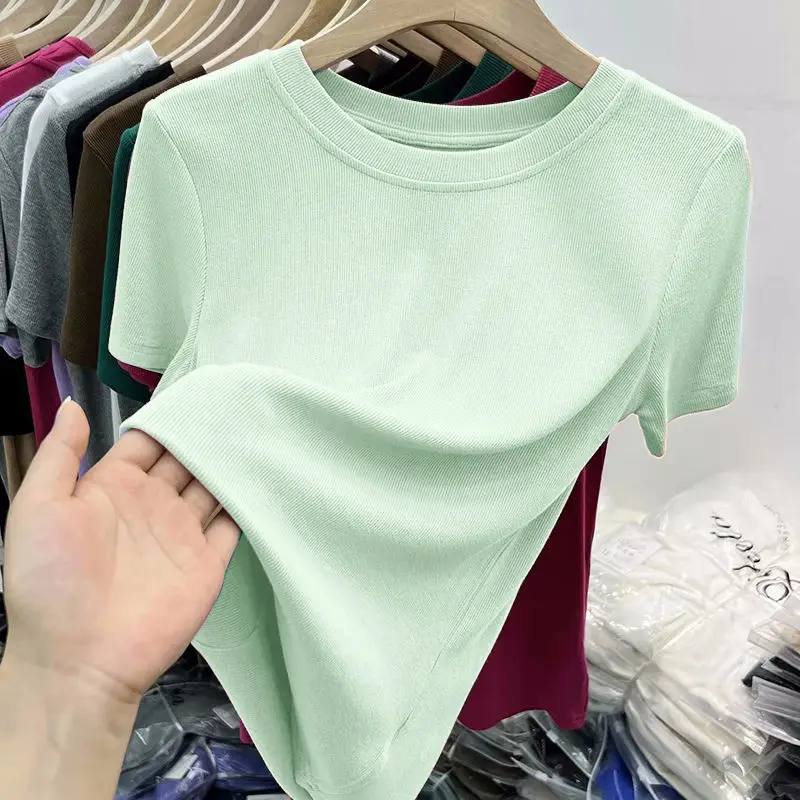 Women's Slim Fit Beige T-Shirt Round Neck 2025 - Image 11