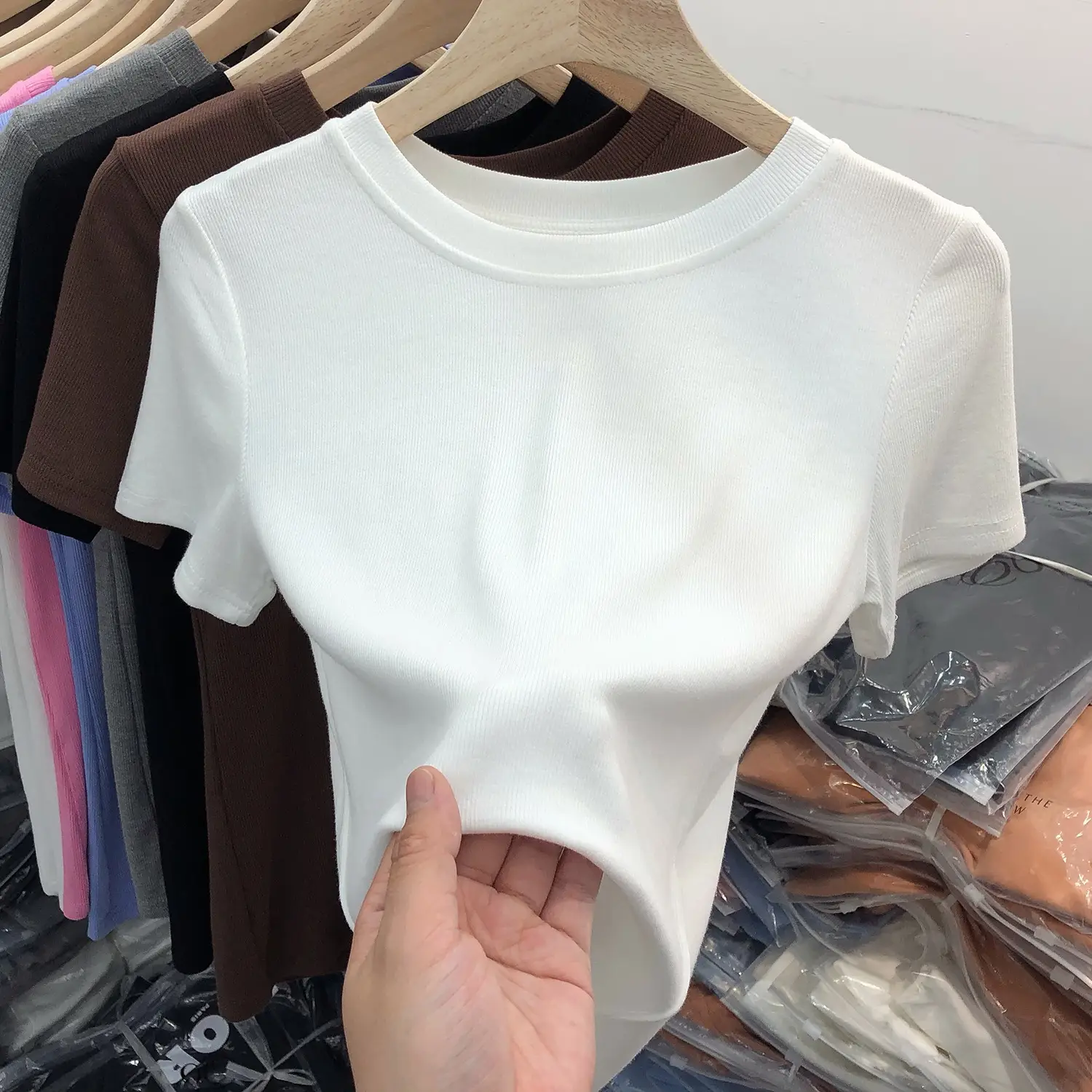 Women's Slim Fit Beige T-Shirt Round Neck 2025 - Image 2