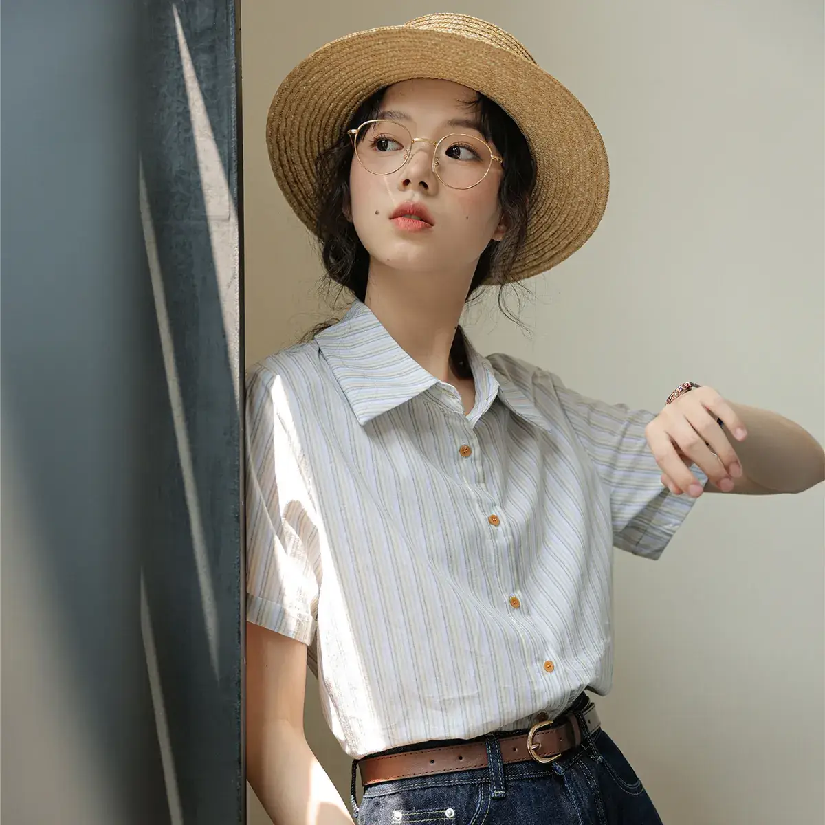 Women 2024 Striped Lapel Shirt with Straw Hat - Image 3