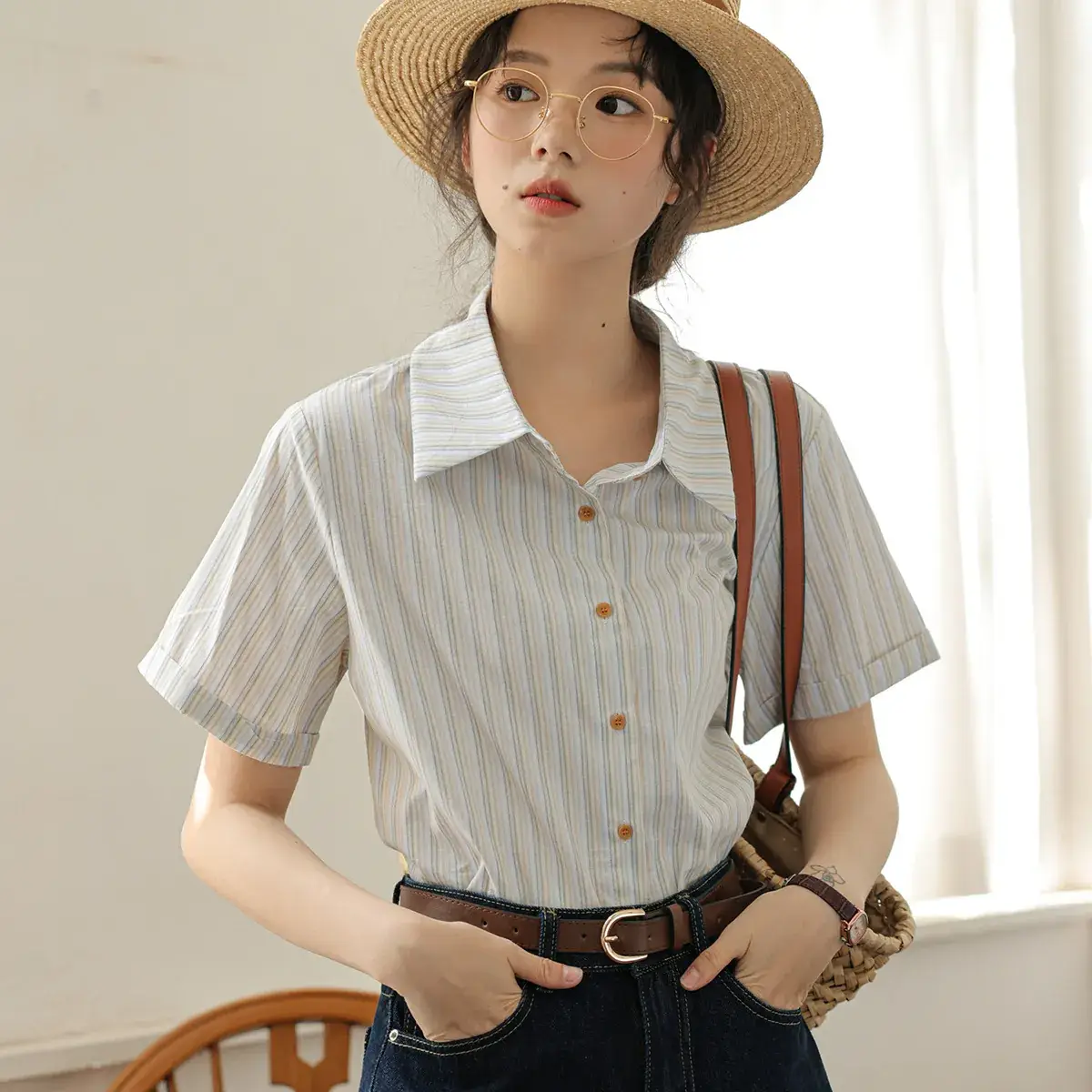Women 2024 Striped Lapel Shirt with Straw Hat - Image 4