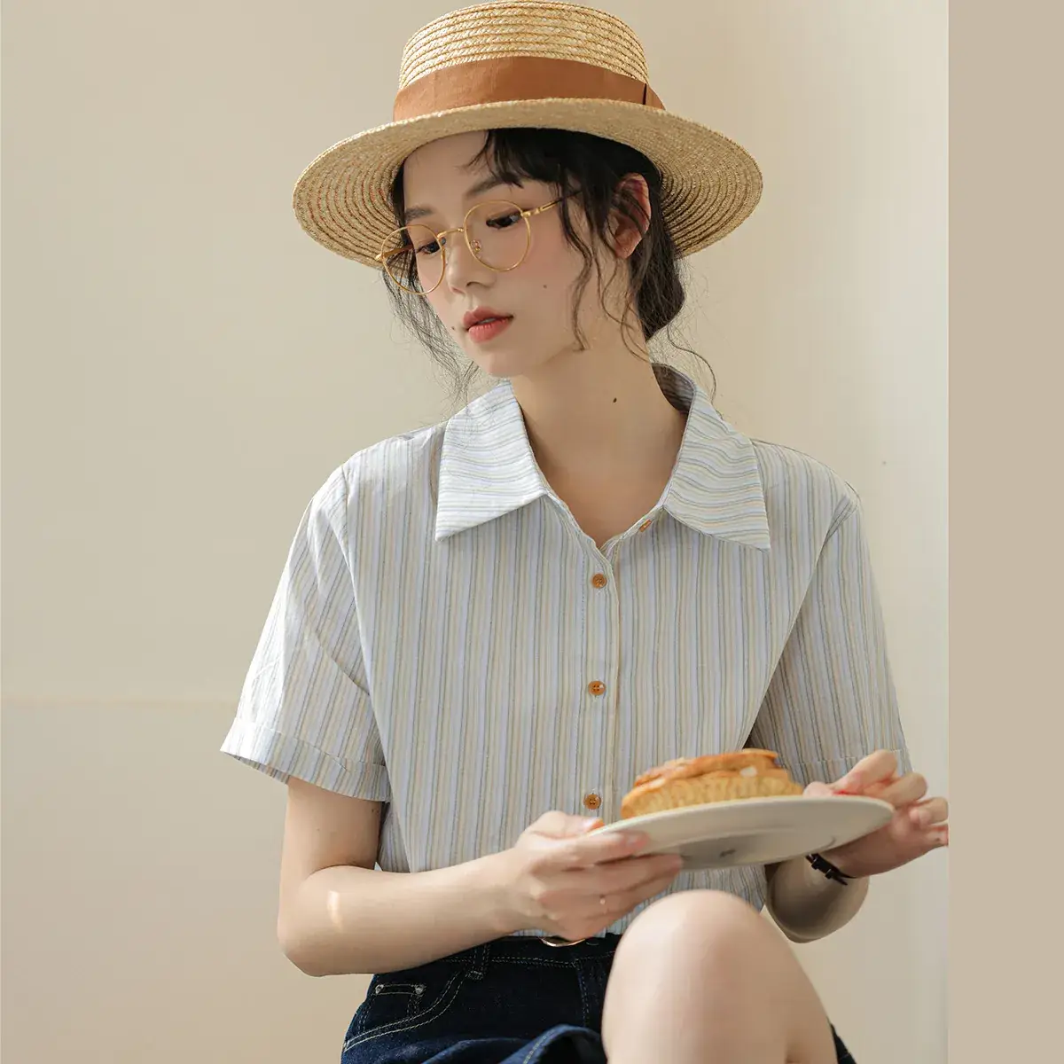 Women 2024 Striped Lapel Shirt with Straw Hat - Image 5