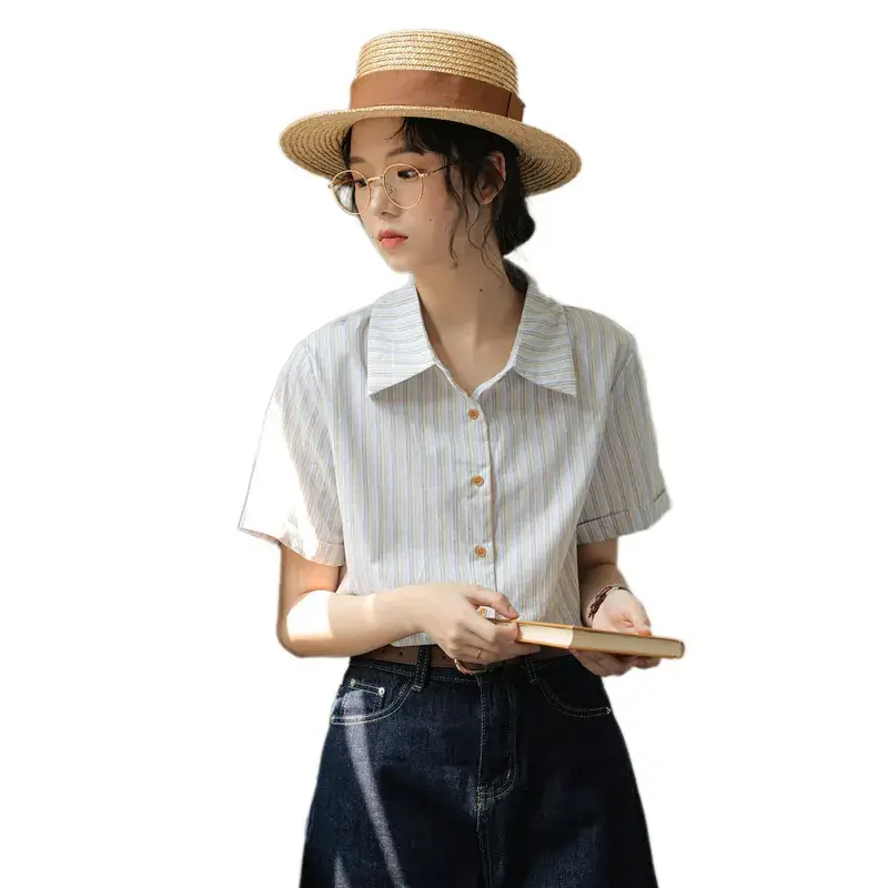 Women 2024 Striped Lapel Shirt with Straw Hat - Image 6