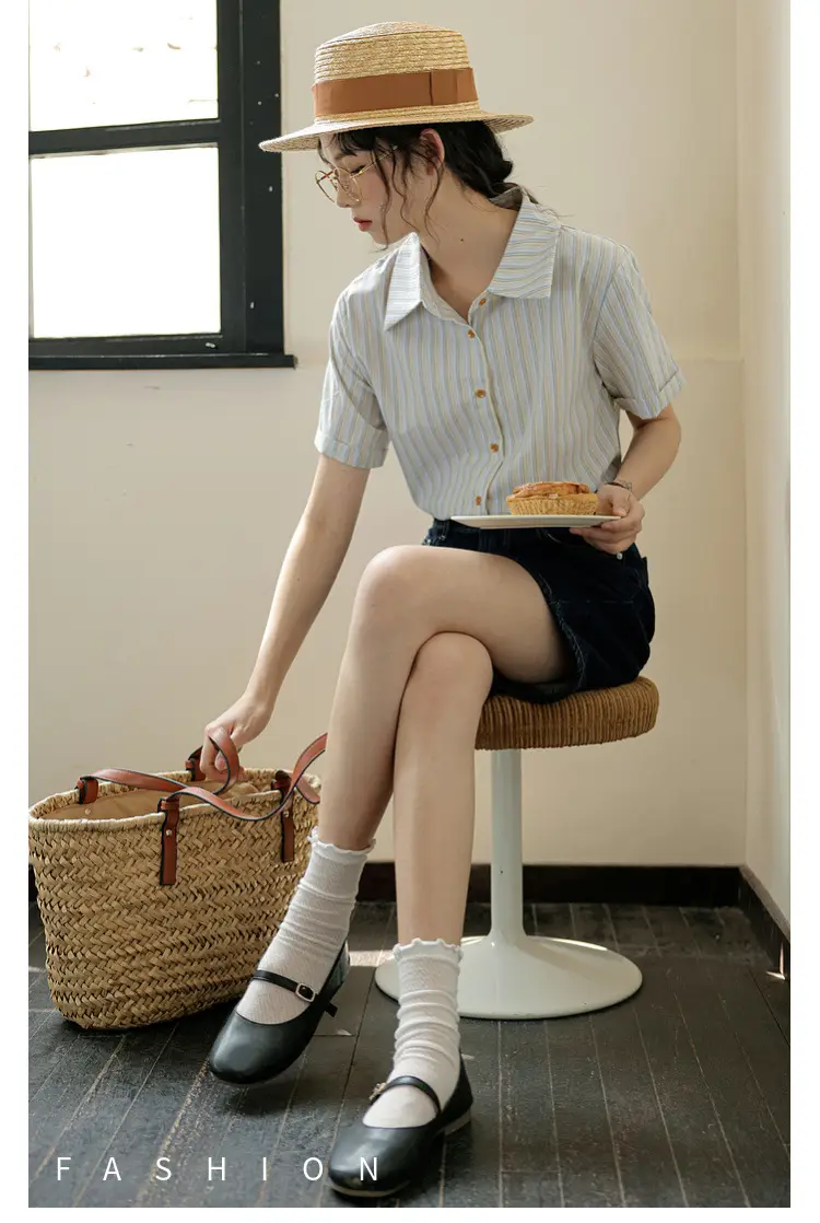Women 2024 Striped Lapel Shirt with Straw Hat — feature 13