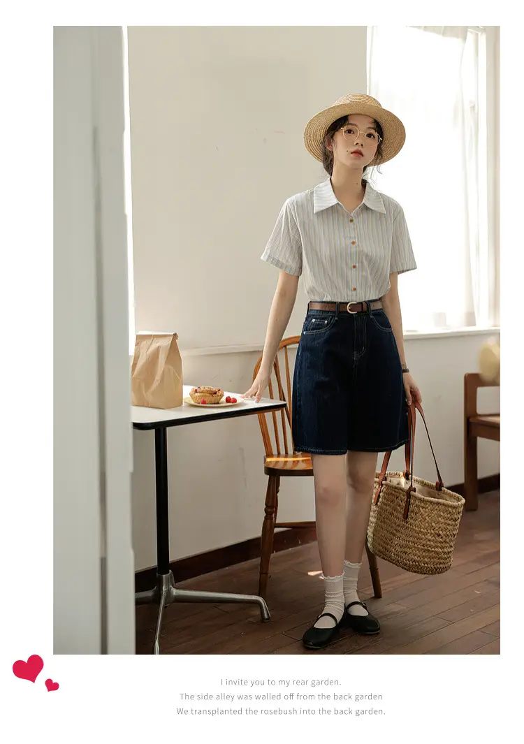 Women 2024 Striped Lapel Shirt with Straw Hat — feature 14