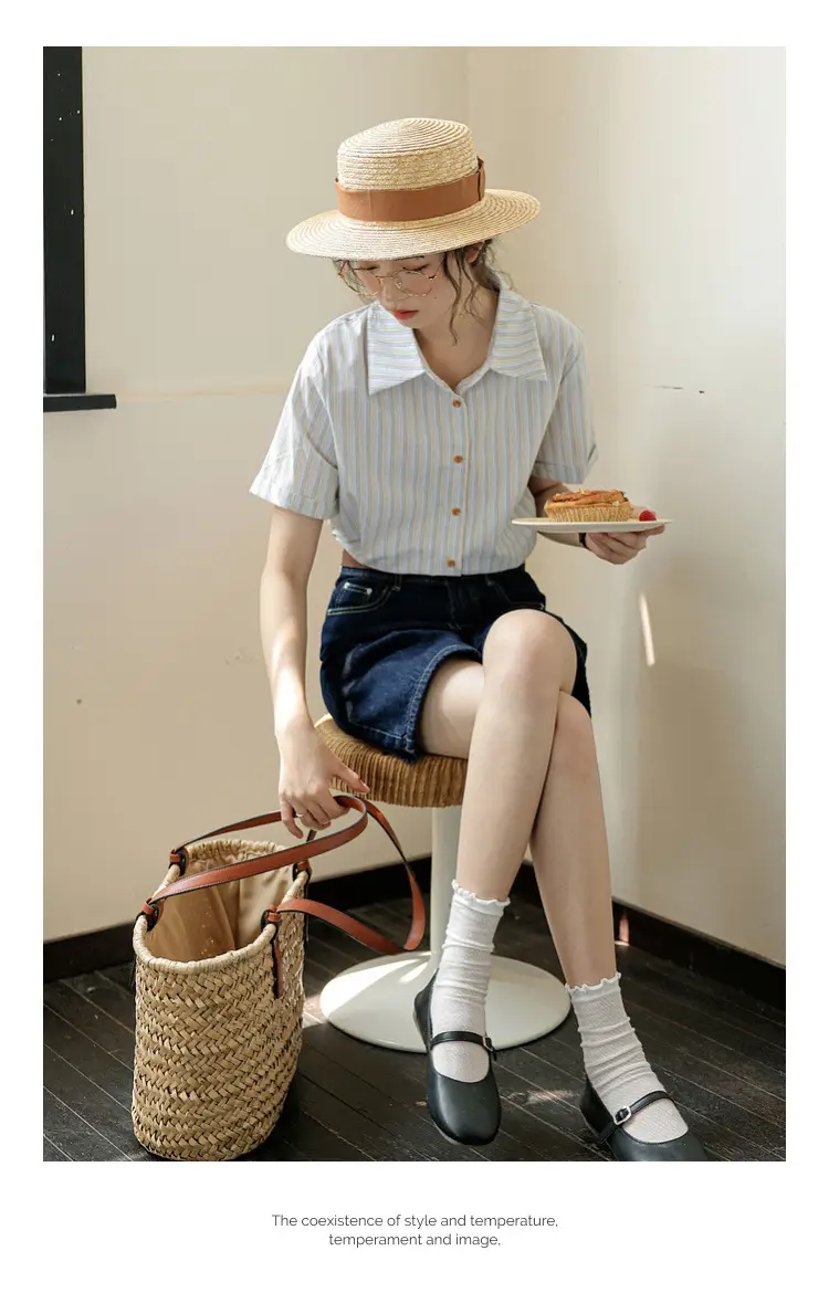 Women 2024 Striped Lapel Shirt with Straw Hat — feature 15