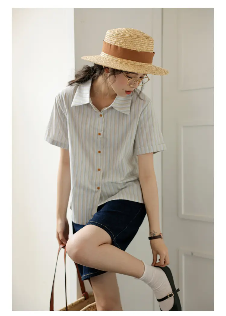Women 2024 Striped Lapel Shirt with Straw Hat — feature 16