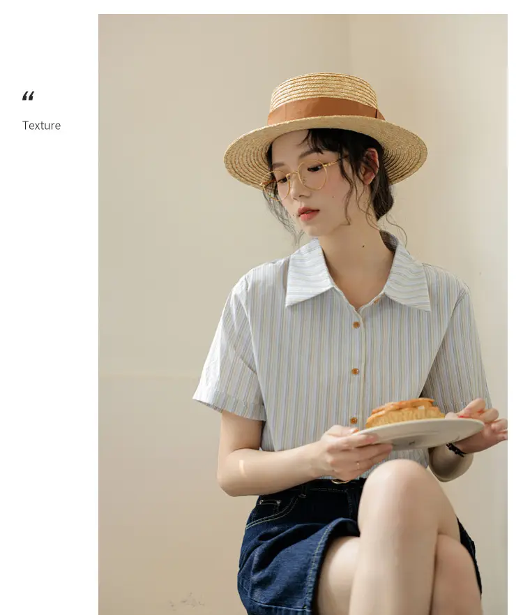Women 2024 Striped Lapel Shirt with Straw Hat — feature 17