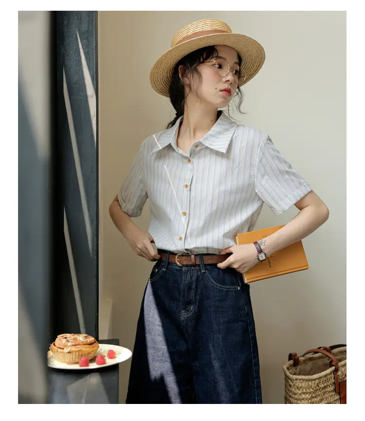 Women 2024 Striped Lapel Shirt with Straw Hat — feature 18