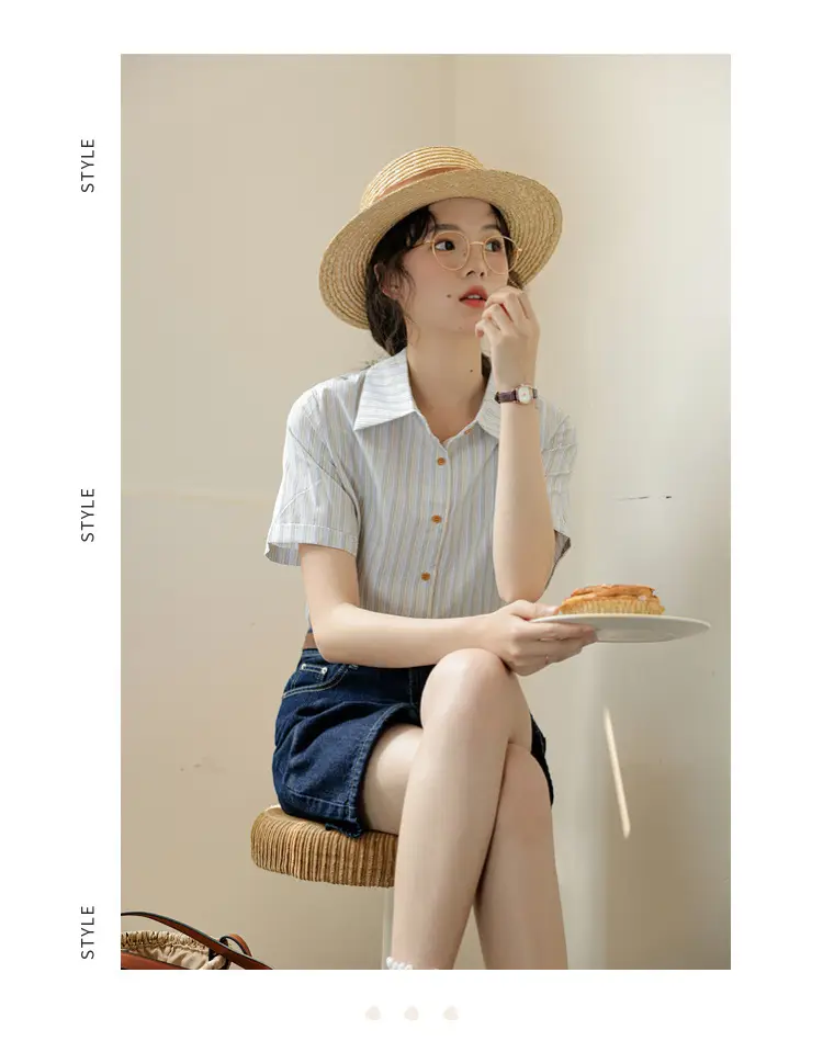 Women 2024 Striped Lapel Shirt with Straw Hat — feature 19