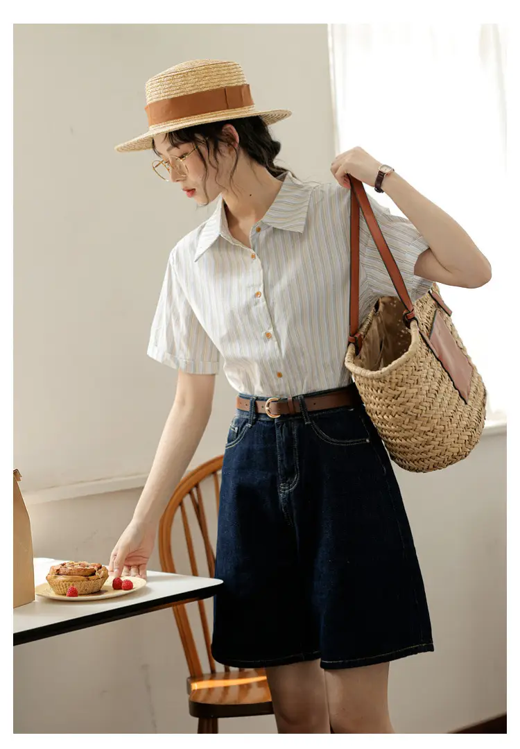 Women 2024 Striped Lapel Shirt with Straw Hat — feature 20