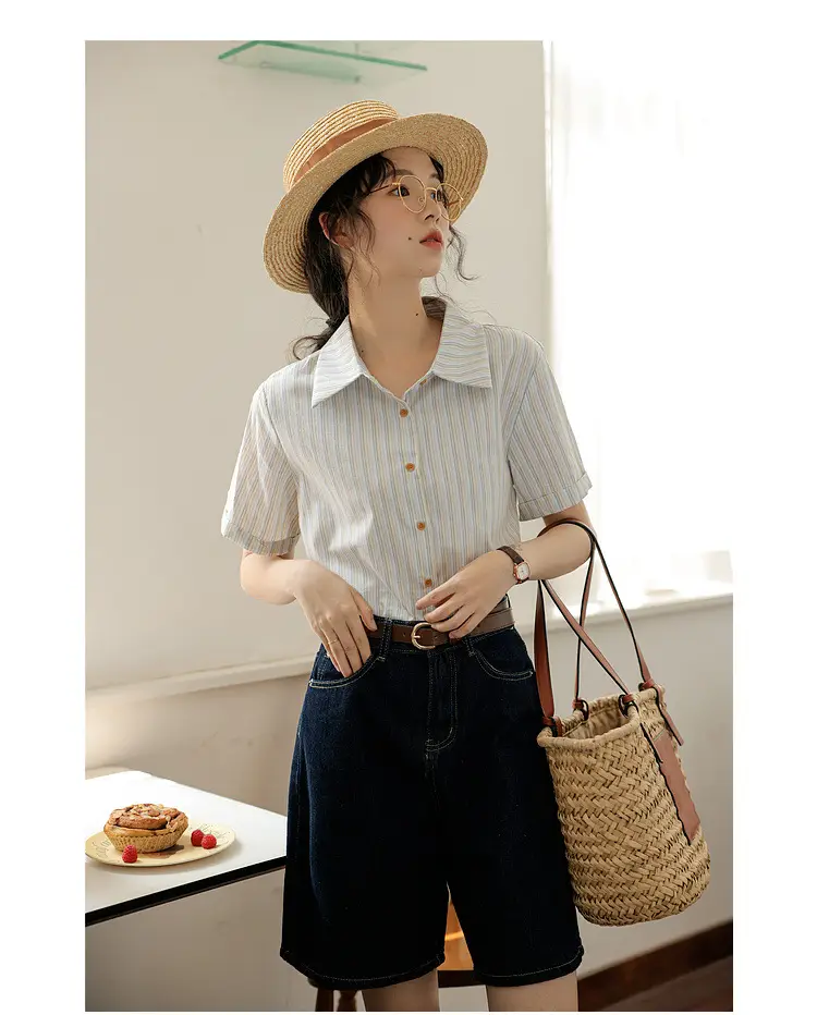 Women 2024 Striped Lapel Shirt with Straw Hat — feature 21