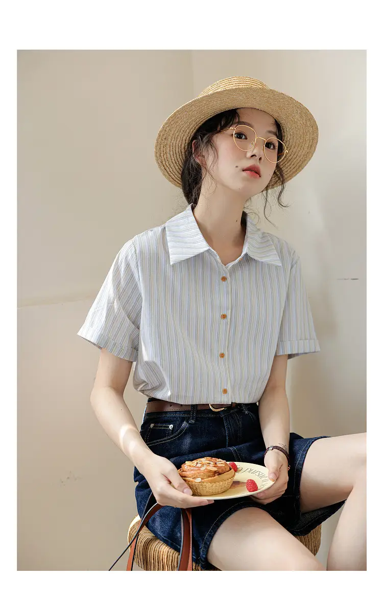 Women 2024 Striped Lapel Shirt with Straw Hat — feature 22