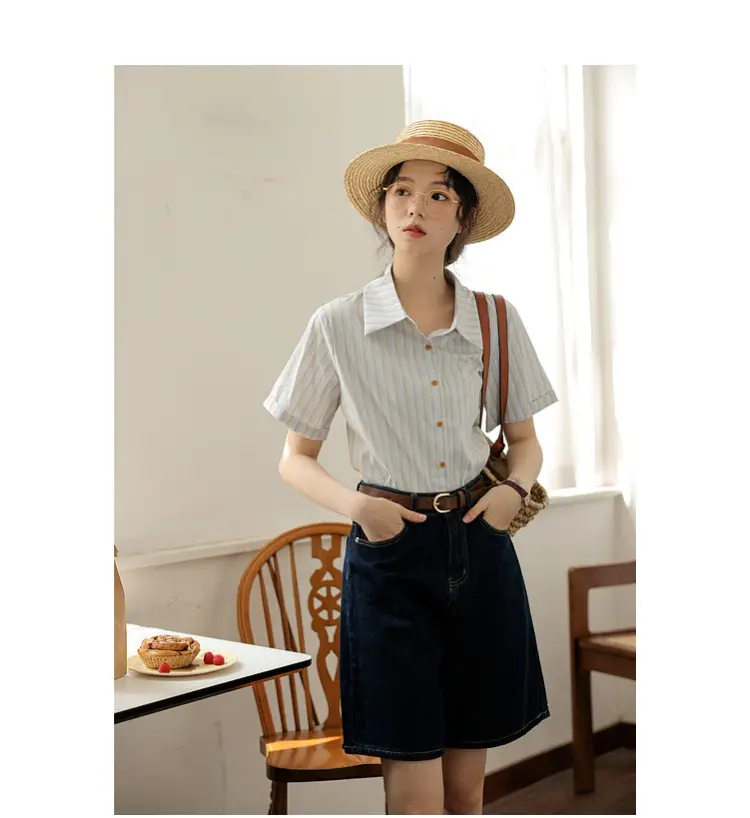 Women 2024 Striped Lapel Shirt with Straw Hat — feature 23