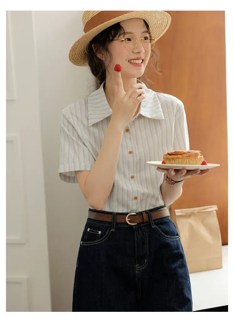 Women 2024 Striped Lapel Shirt with Straw Hat — feature 24