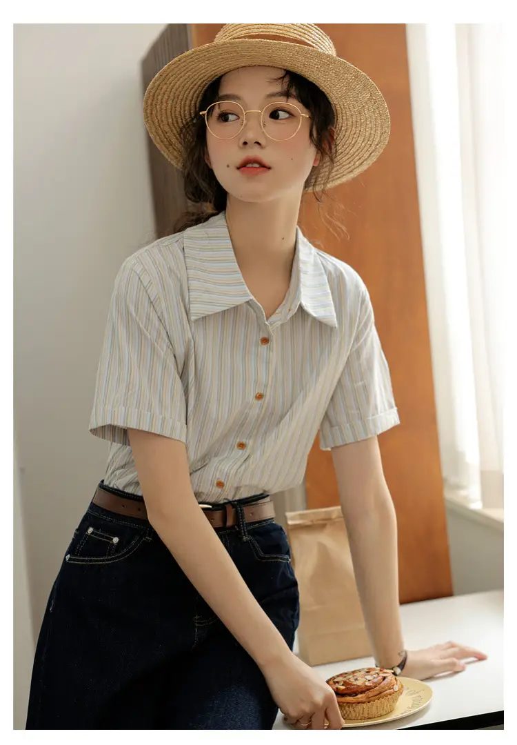 Women 2024 Striped Lapel Shirt with Straw Hat — feature 25