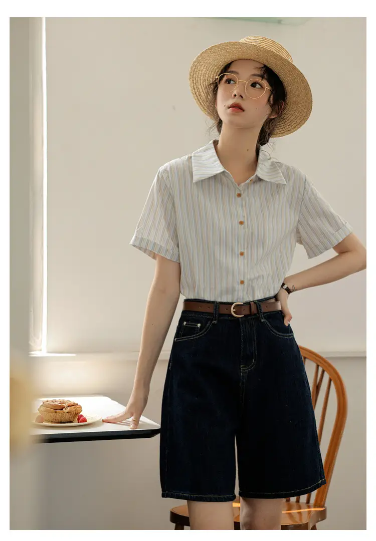 Women 2024 Striped Lapel Shirt with Straw Hat — feature 26