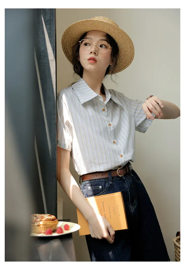 Women 2024 Striped Lapel Shirt with Straw Hat — feature 27
