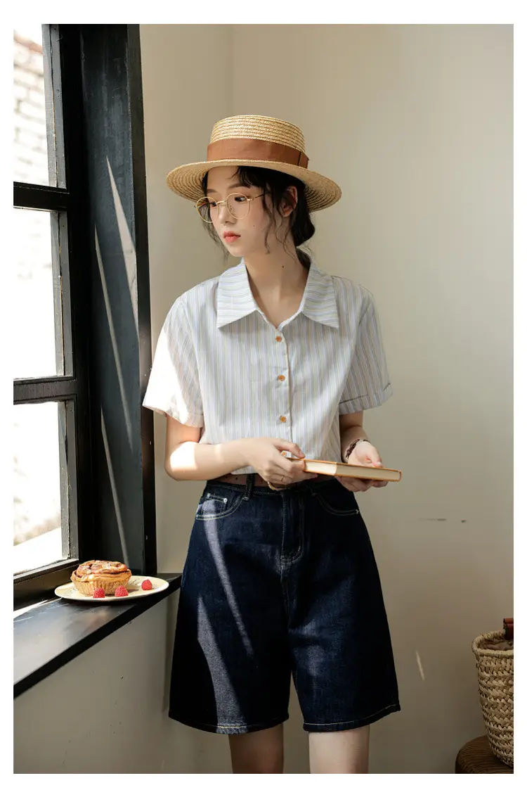 Women 2024 Striped Lapel Shirt with Straw Hat — feature 28