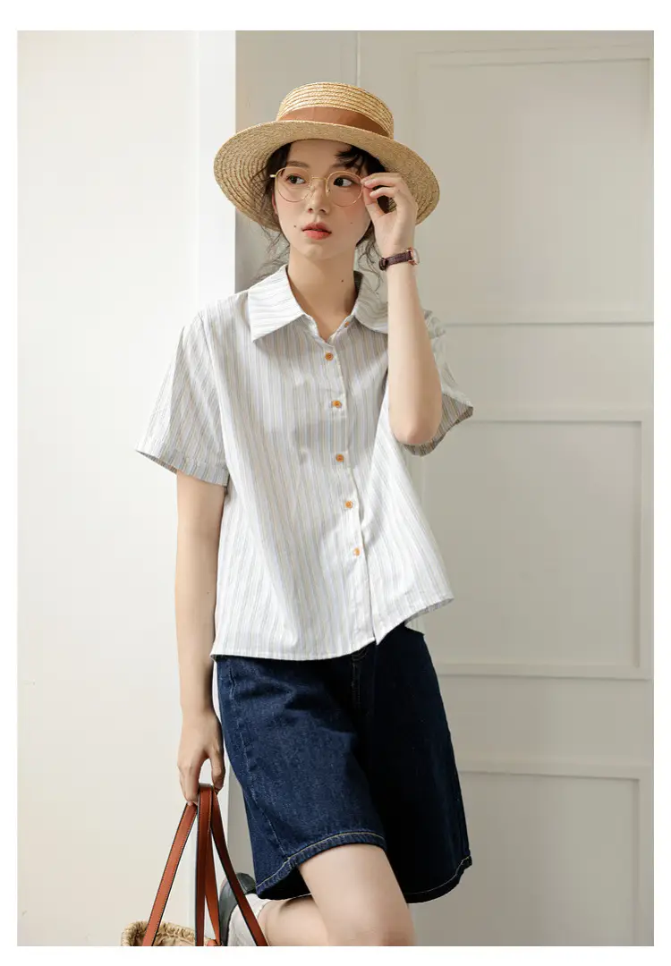 Women 2024 Striped Lapel Shirt with Straw Hat — feature 29