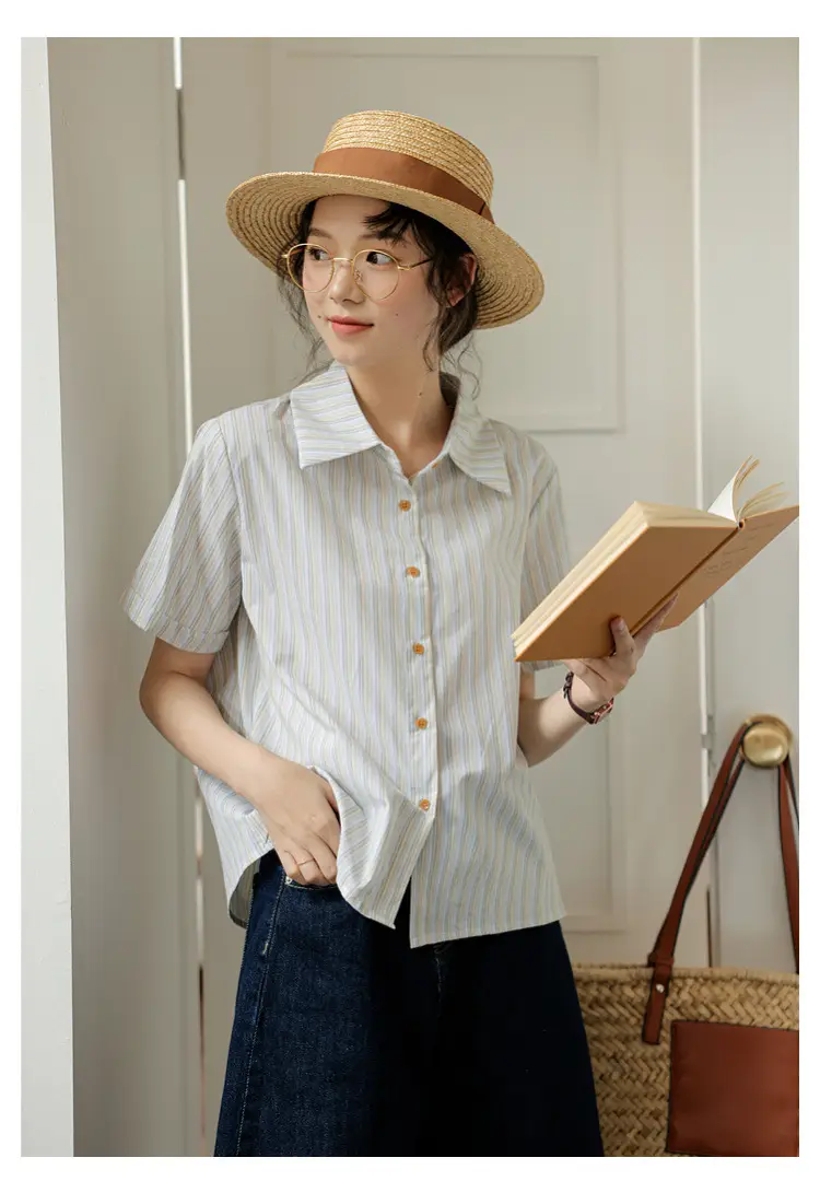 Women 2024 Striped Lapel Shirt with Straw Hat — feature 30