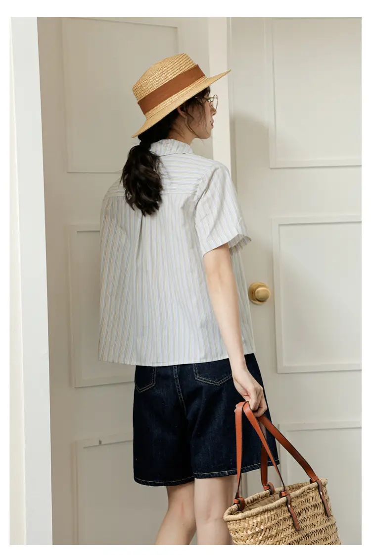 Women 2024 Striped Lapel Shirt with Straw Hat — feature 31