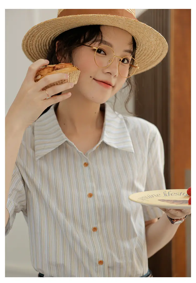 Women 2024 Striped Lapel Shirt with Straw Hat — feature 32