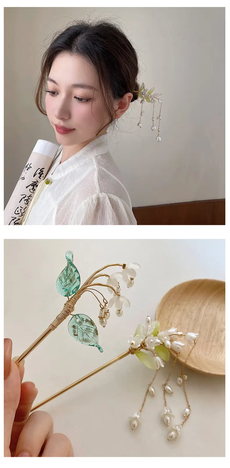 Lily Flower Hairpin with Pearl Drop Antique Design — feature 5