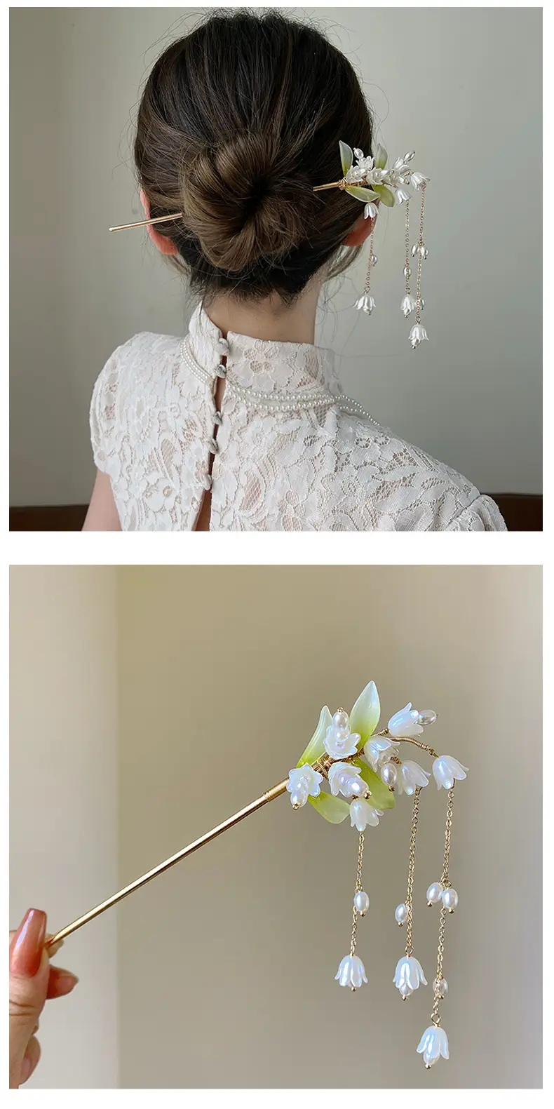 Lily Flower Hairpin with Pearl Drop Antique Design — feature 6