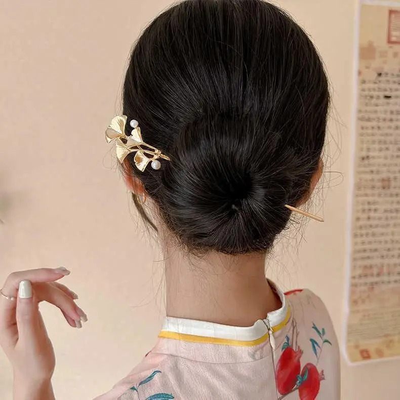 10# Ginkgo Pearl Hairpin-Gold