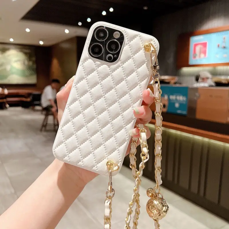 White Quilted iPhone Case with Gold Chain Strap