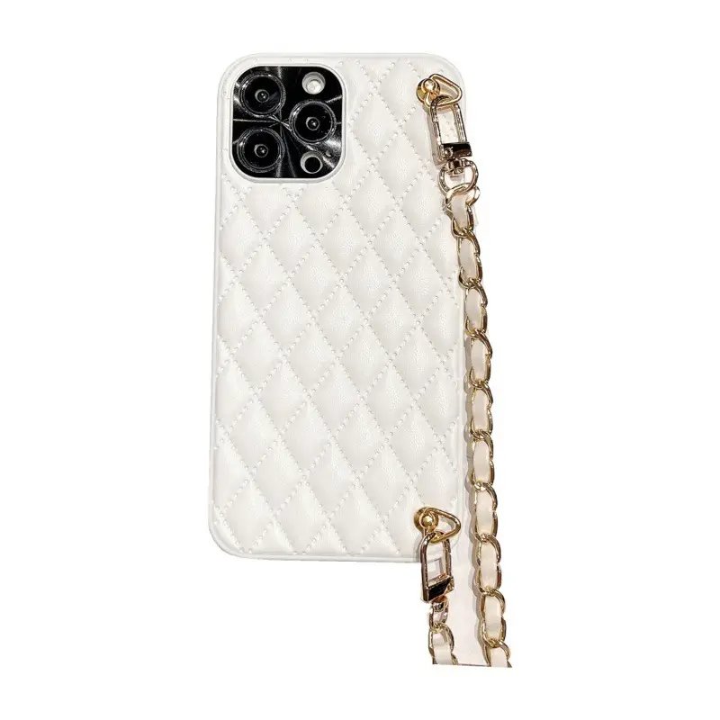 White Quilted iPhone Case with Gold Chain Strap