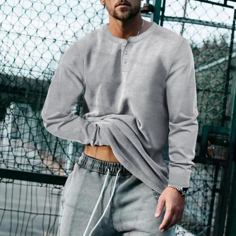 Men's Breathable Lapel Shirt Long Sleeve Gray Polo Top — feature 17