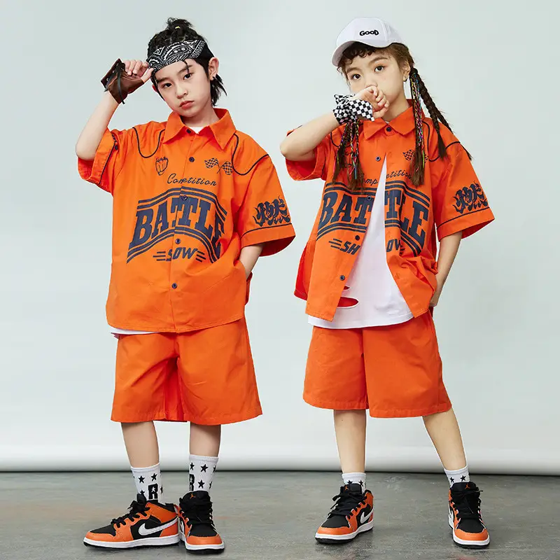 Orange Hip-Hop Kids Shirt Set with Shorts & Sneakers