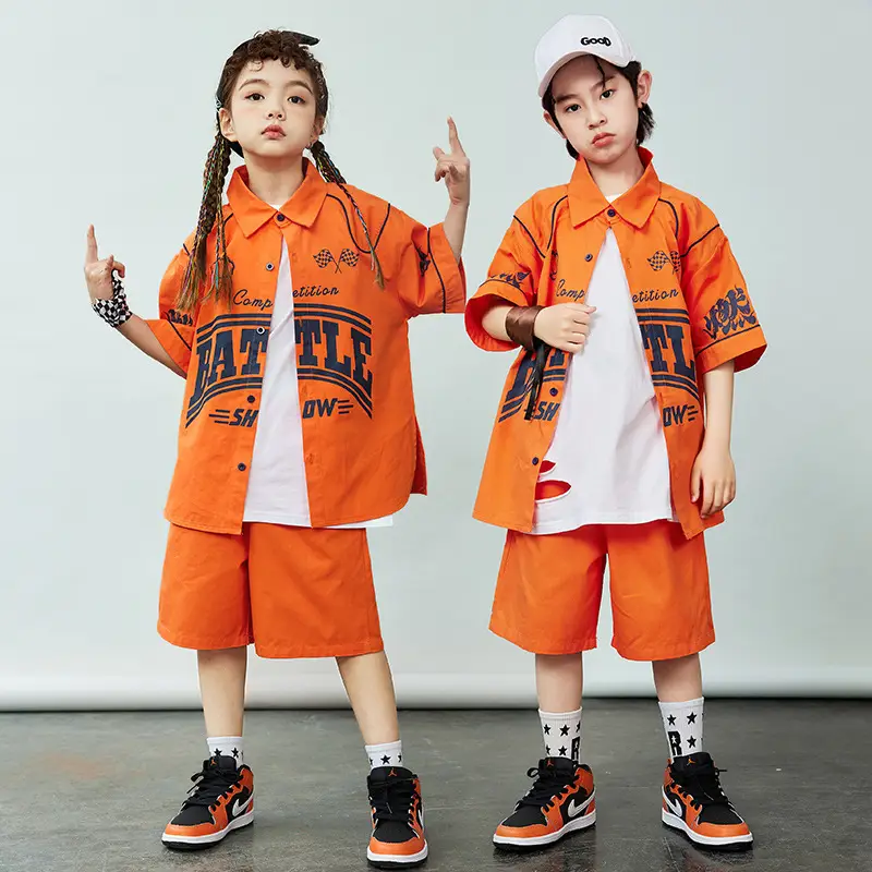 Orange Hip-Hop Kids Shirt Set with Shorts & Sneakers