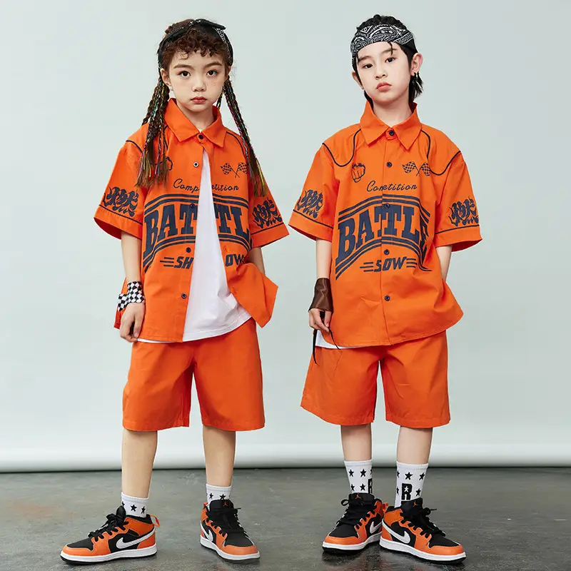 Orange Hip-Hop Kids Shirt Set with Shorts & Sneakers