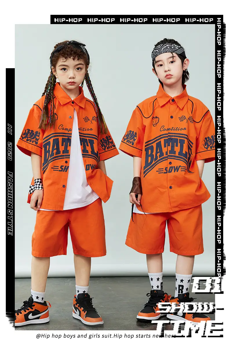 Orange Hip-Hop Kids Shirt Set with Shorts & Sneakers — feature 1