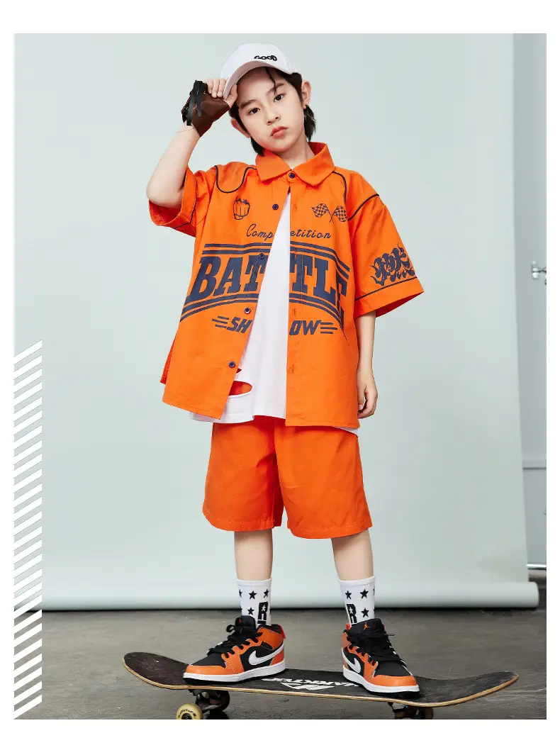 Orange Hip-Hop Kids Shirt Set with Shorts & Sneakers — feature 11