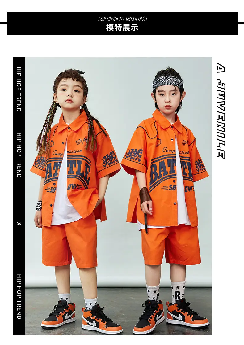 Orange Hip-Hop Kids Shirt Set with Shorts & Sneakers — feature 6