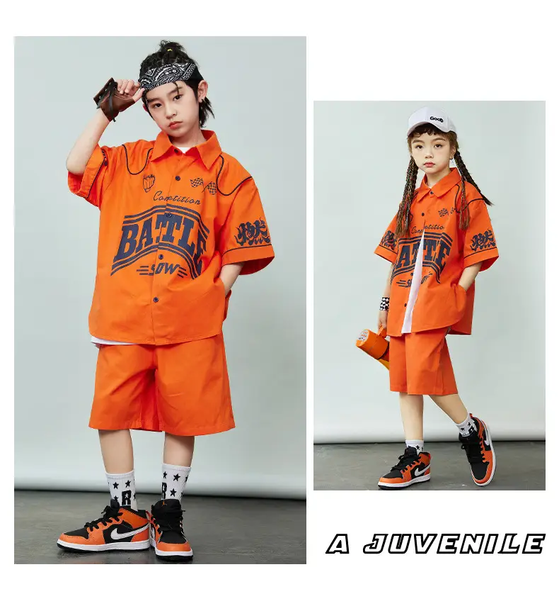 Orange Hip-Hop Kids Shirt Set with Shorts & Sneakers — feature 7