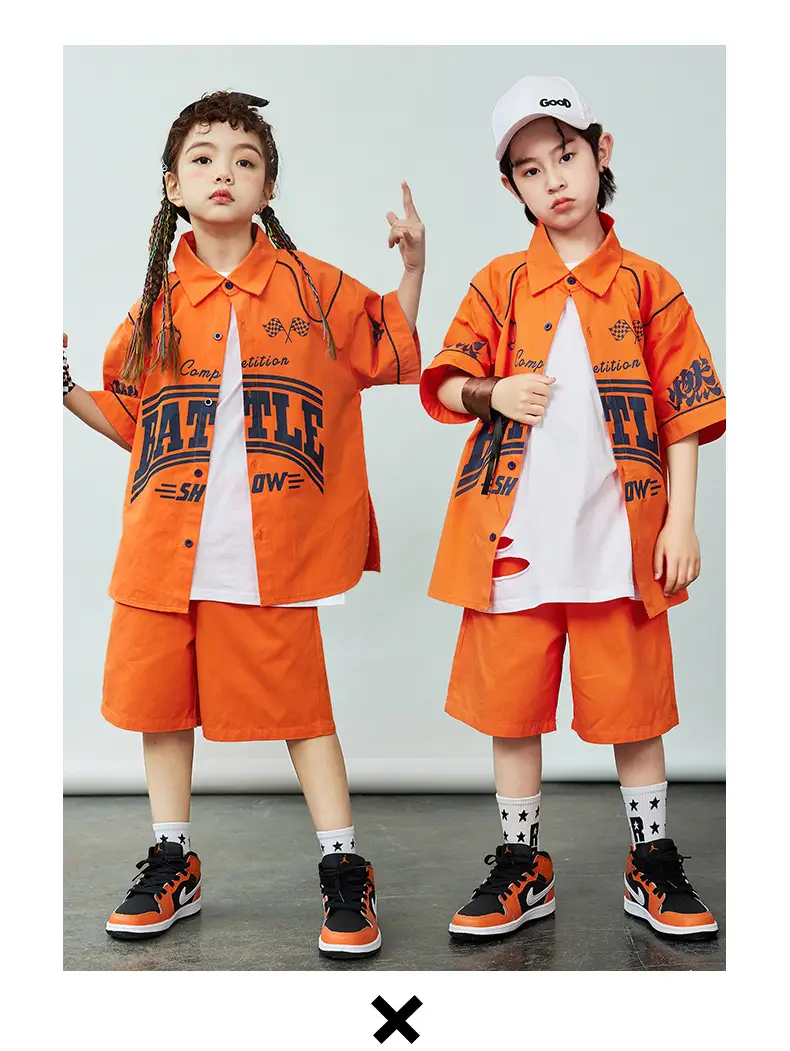 Orange Hip-Hop Kids Shirt Set with Shorts & Sneakers — feature 8