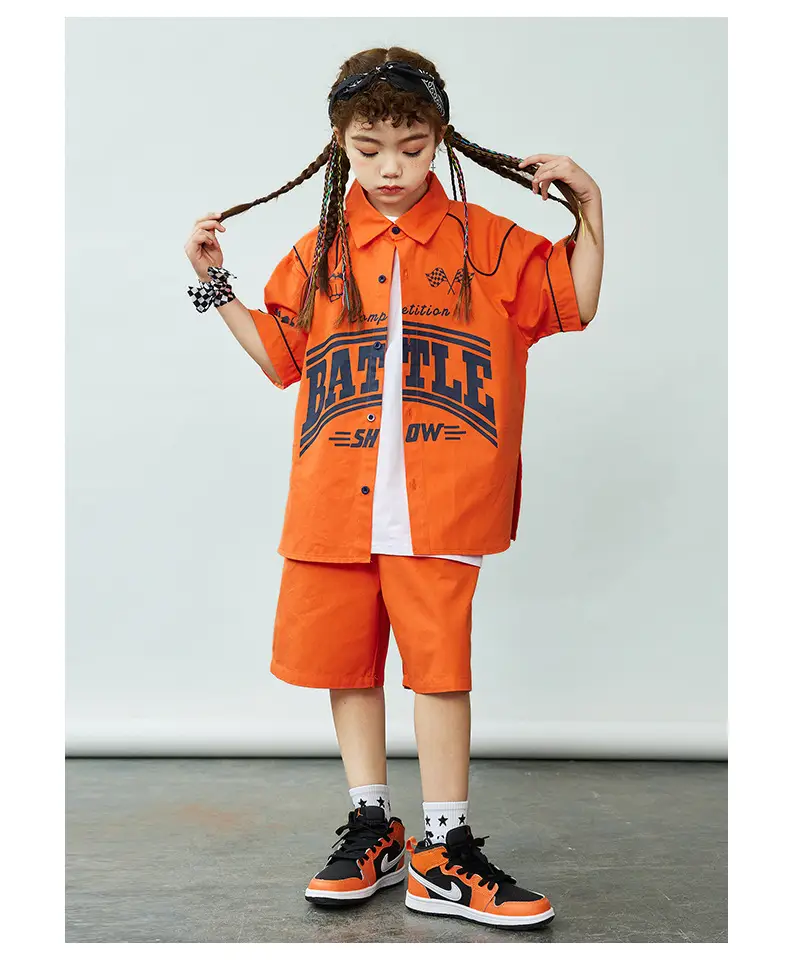 Orange Hip-Hop Kids Shirt Set with Shorts & Sneakers — feature 9
