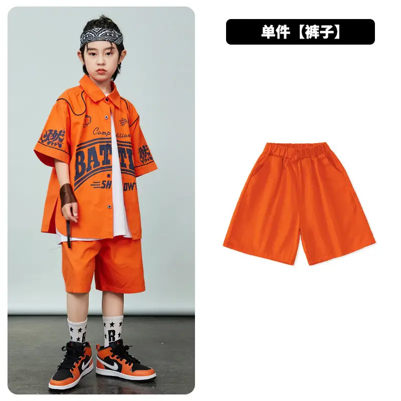 Orange Hip-Hop Kids Shirt Set with Shorts & Sneakers