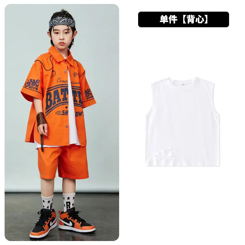 Orange Hip-Hop Kids Shirt Set with Shorts & Sneakers