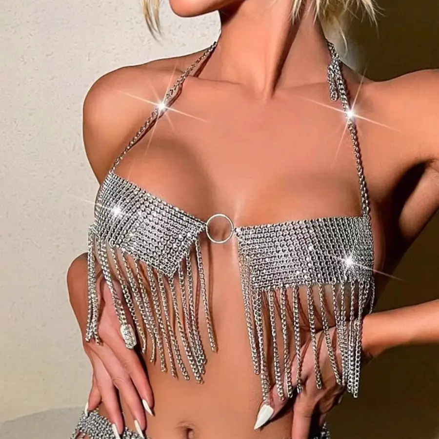 180340 Rhinestone Diamond Chain Vest Skirt Extra Short