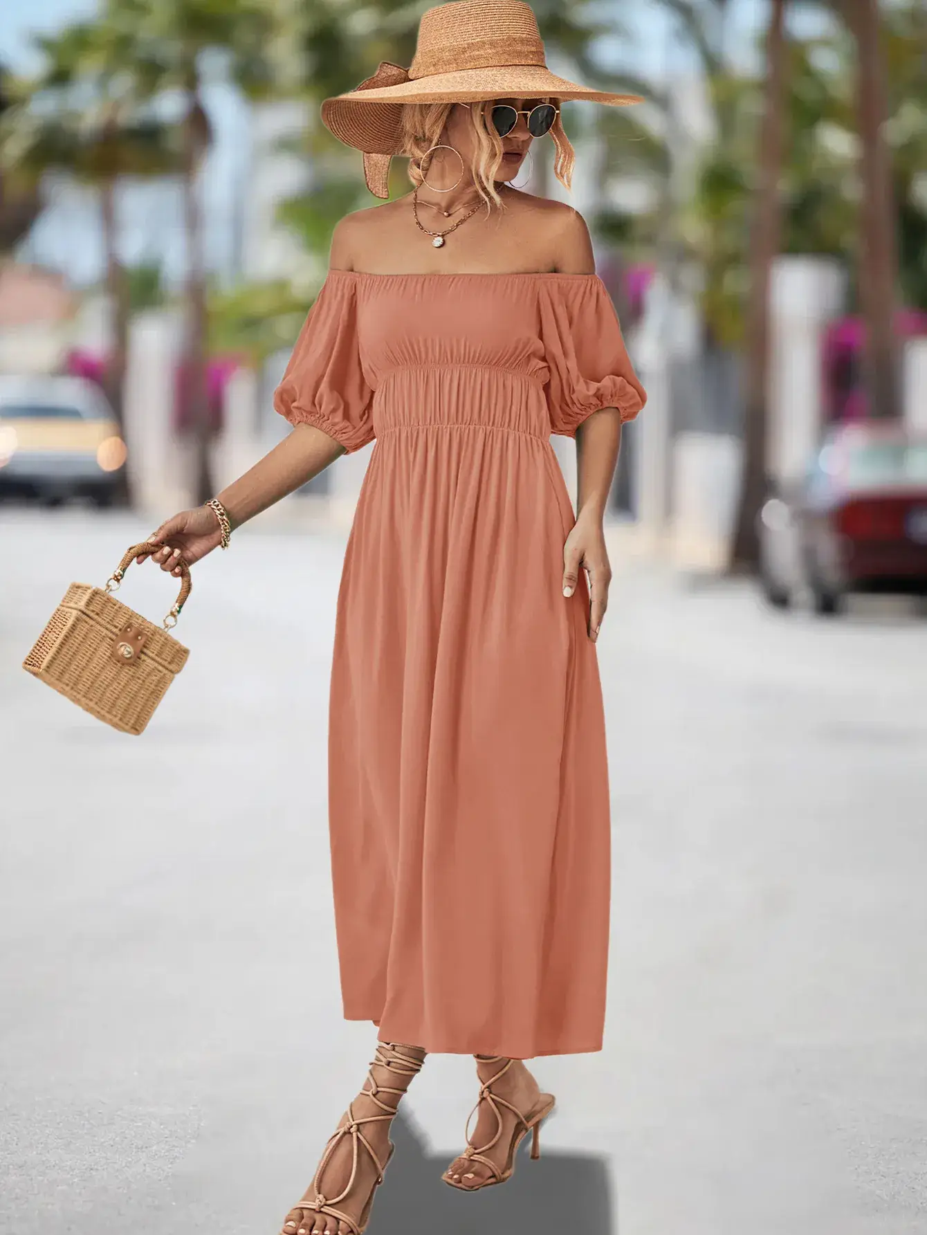 Off-Shoulder Cotton Dress for Women, Hot Peach Color, 2023 New - Image 6