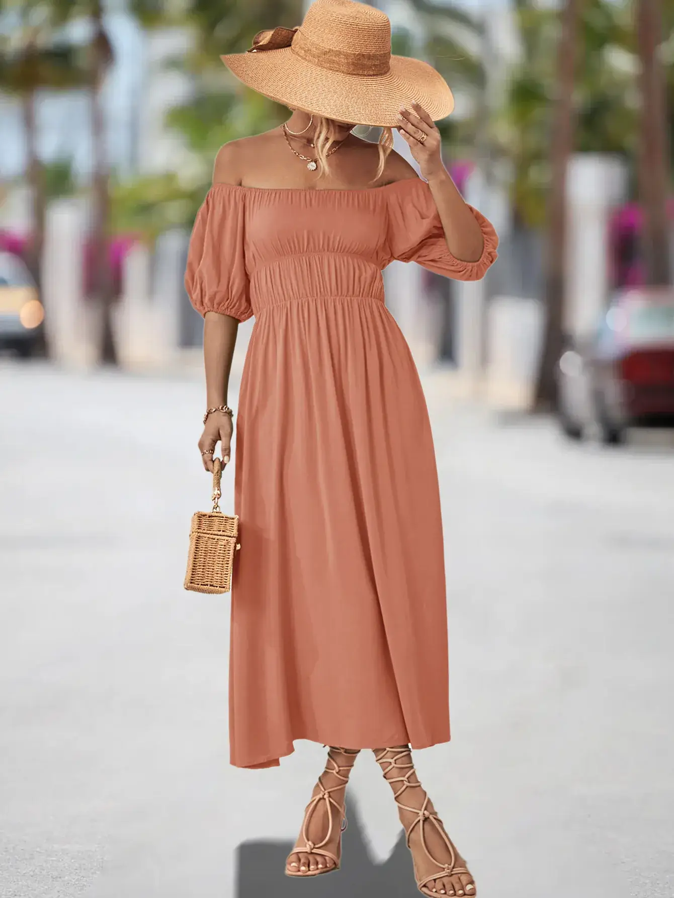 Off-Shoulder Cotton Dress for Women, Hot Peach Color, 2023 New - Image 7