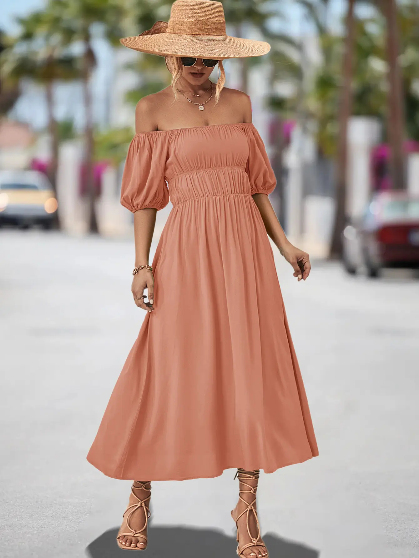 Off-Shoulder Cotton Dress for Women, Hot Peach Color, 2023 New — feature 15