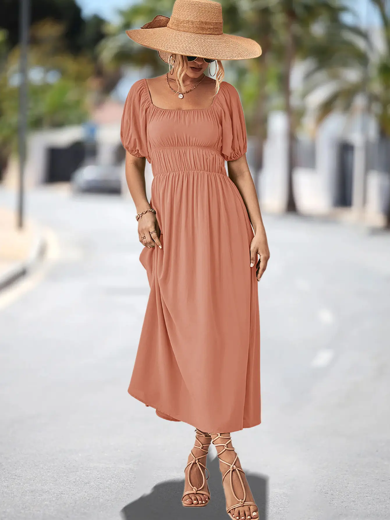 Off-Shoulder Cotton Dress for Women, Hot Peach Color, 2023 New — feature 19